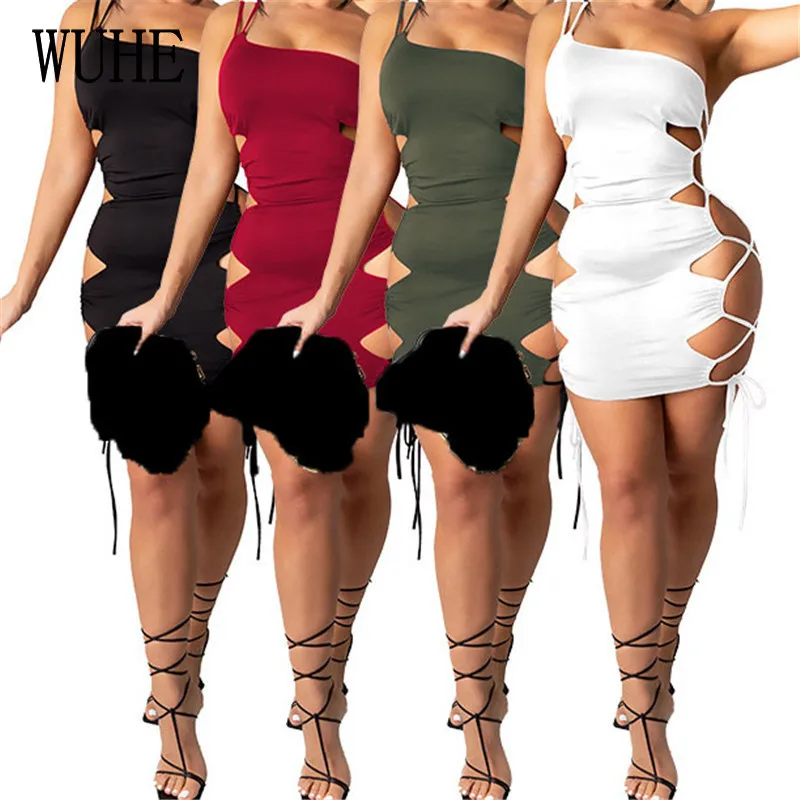 

WUHE Drawstring Lace Up Mini Pencil Dress Spaghetti Strap Hollow Out Cross Bandage Bag Hip Skinny Off Shoulder Party Bodycon