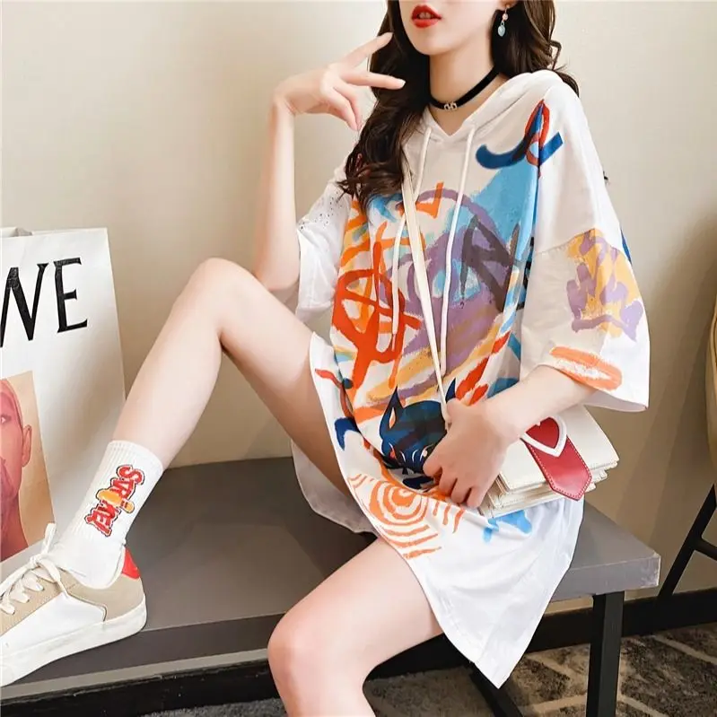 

Summer Clothes Mid-Length Loose Hooded T-shirt Women's Short Sleeve Idle Style Graffiti Top Hong Kong Style Base Shirt Fashion