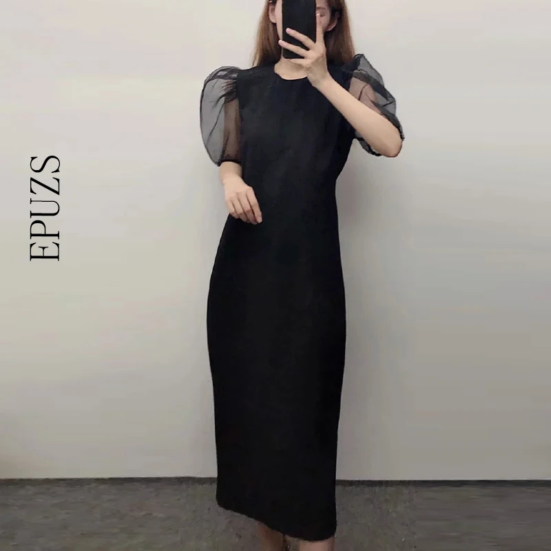 Элегантное Черное миди-платье с пышными рукавами женское Клубное платье круглым