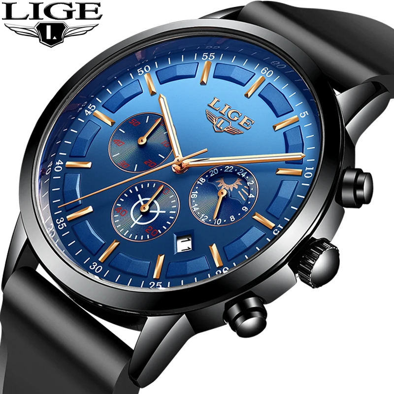 Часы LIGE Мужские кварцевые с хронографом люксовые брендовые модные
