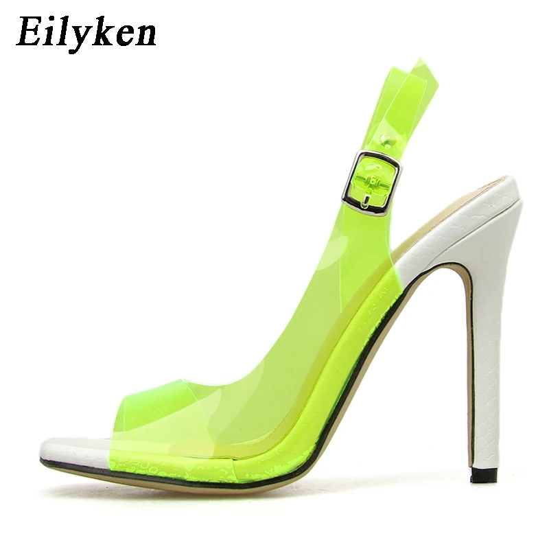 Green Eilyken/босоножки из прозрачного ПВХ на высоком тонком каблуке с пряжкой и ремешком; Новинка года; летние Вечерние Босоножки с открытым носком - Цвет: Green
