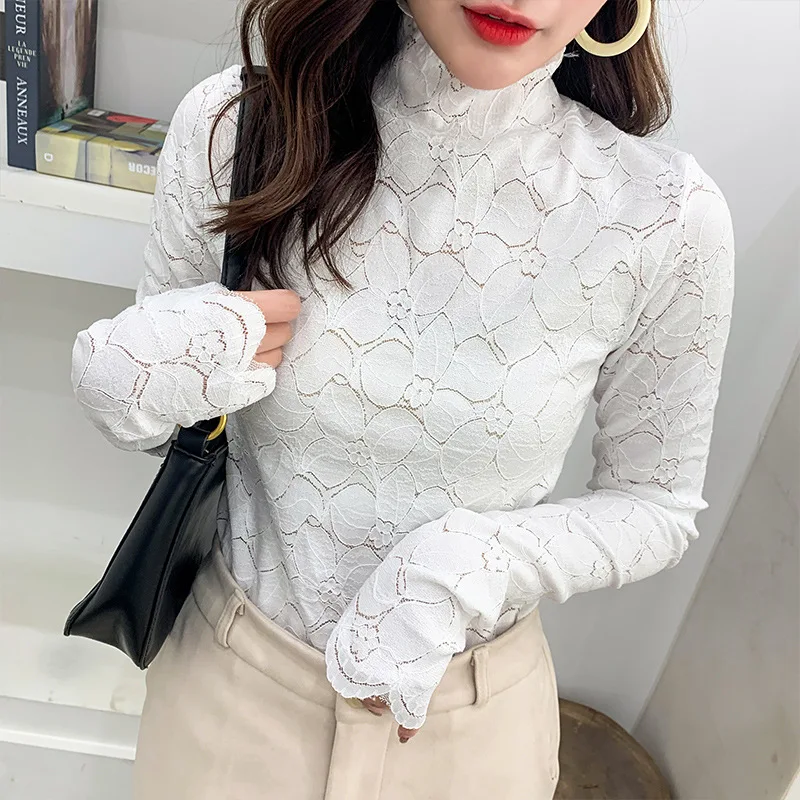 

South Korean top new autumn and winter super fairy bottoms with high collar elastic show thin lace shirt women long sleeves tide