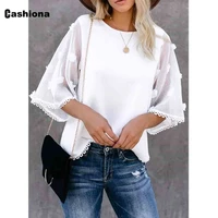 half sleeve tassel shirt blusas women casual shirt 2022 new patchwork dot mesh ladies chiffon blouses femme tops