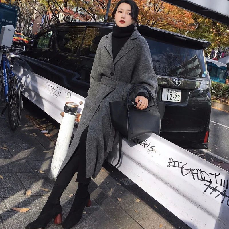 Женское шерстяное пальто [EWQ] теплое длинное с длинным рукавом и поясом Корейская