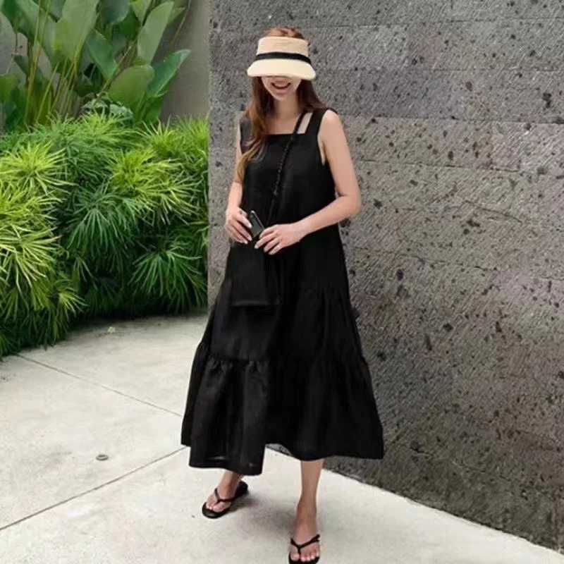 

Square Collar Sleeveless Dress Summer Women Korean Cotton Long Dress for Women Solid Vintage Casual Loose Dresses Vestido 14465