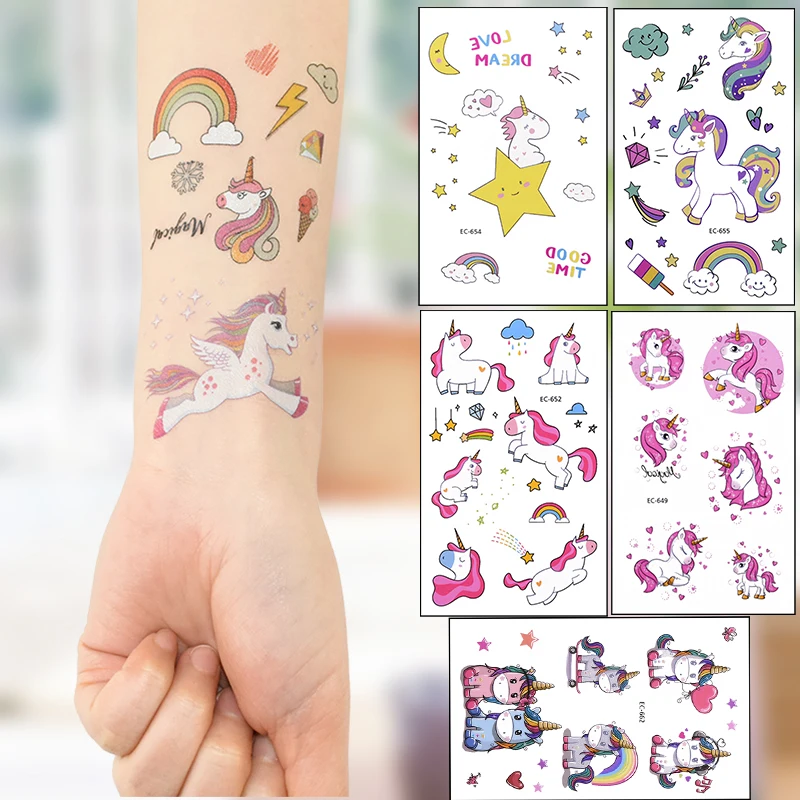 

Cartoon Unicorn Rainbow Tattoo Sticker Kids Birthday Wedding Decorations Unicornio Theme Party Cute Paster Supplies Decor
