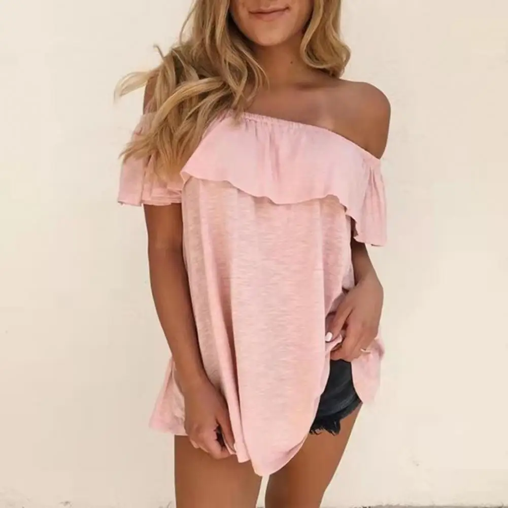 

50%HOT Women Top Off Shoulder Ruffled Summer Solid Color Short Sleeve T-shirt for Dating