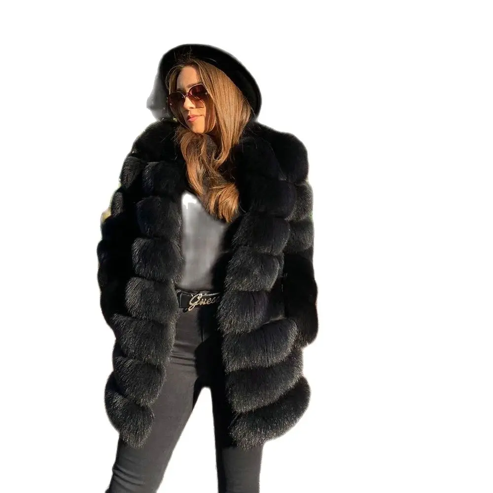 Fashion Black Real Fox Fur Coat Round Collar Medium Length Whole Skin Genuine Fox Fur Jacket Female Trendy Fur Overcoat Luxury