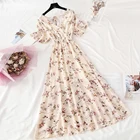 Женское шифоновое платье макси, Элегантное Длинное платье с оборками, цветочным принтом, V-образным вырезом и открытой спиной, Пляжное платье с коротким рукавом, лето