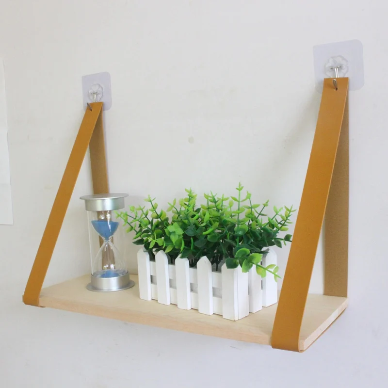 Nordic Style Wooden Wall Decoration Household Hanging Retro Rack Shelf With Leather Belt | Дом и сад