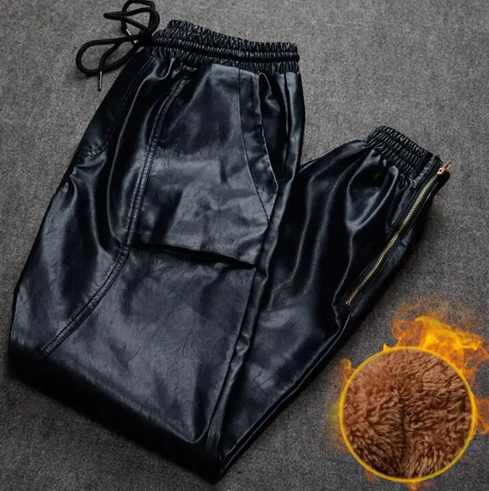 Black leather Harem pants mens feet pants fashion loose motorcycle pu trousers for men Winter  velvet thickening