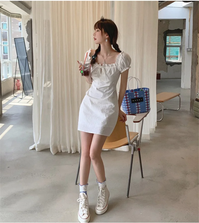 Sexy verano puff, manga corta, falda chica caliente Súper Hada dulce temperamento vestido