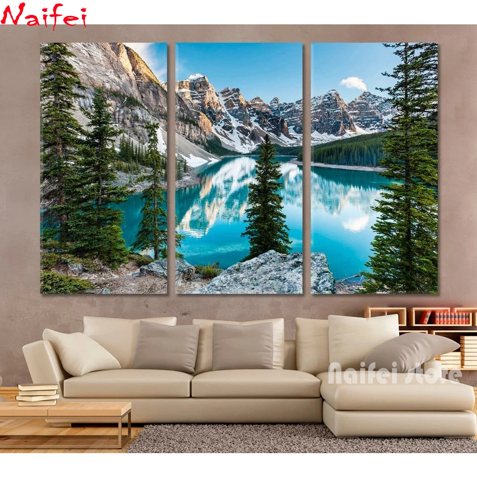 

3 Pieces Full Square Round 5D Diy Diamond Painting Mountain And Lake Nature Pictures Mosaic Diamond Embroidery Home Decor