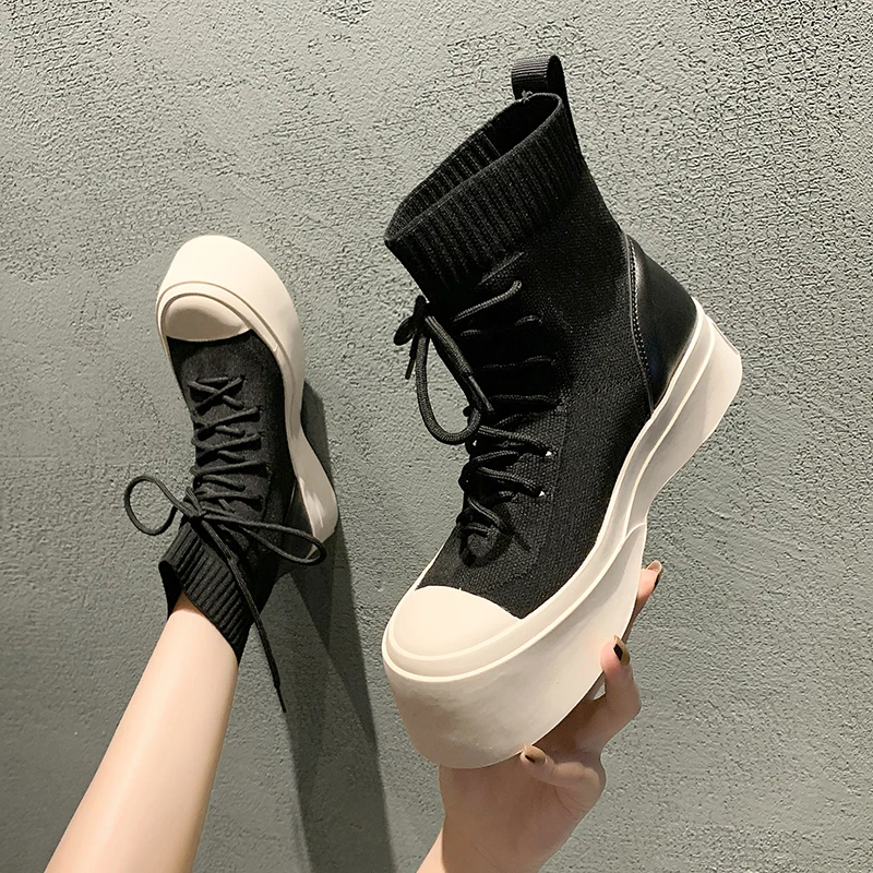 

2021 Women Lace Up Stretch Knitted Sock Boots Autumn Gothic Platform Shoes Women Fashion Comfortable Black Chunky Ankle Boots