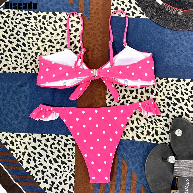 

Riseado Dot Print Sexy Bikini Push Up Swimsuit Ruffle Bathing Suits Women Swimwear 2021 Knotted Biquini Strap Bikini Set Summer