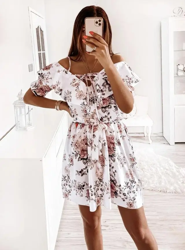 

Fashion Floral Print Women Dress Bow Camisole Short Sleeve Mini Dress Casual Woman Sashes A Line Chiffon Dresses Plus Size XXL