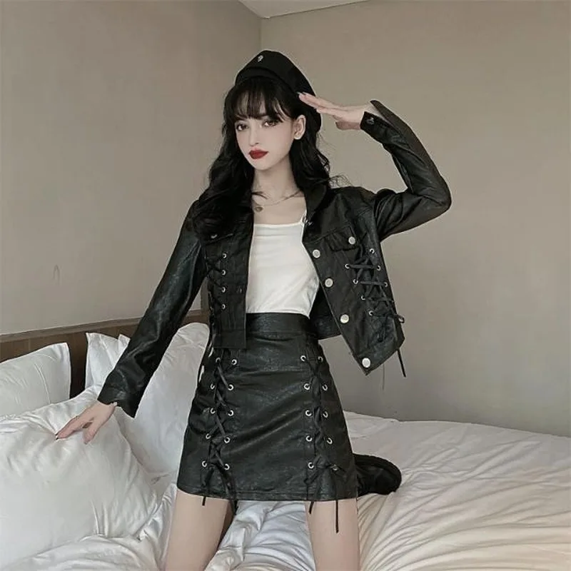 2021 Spring Autumn Women Korean Fashion Two-piece Set Bandage Short PU  Jacket + High Waist Leather Skirt Two-pieces Suit Y297