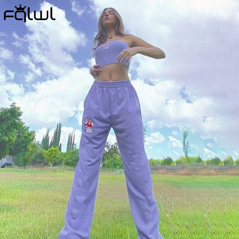 

FQLWL летний сексуальный комплект из двух предметов с принтом женская одежда 2021 без бретелек с открытой спиной укороченный топ мешковатые брю...