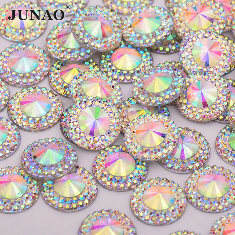 JUNAO 8 10 12 18 20 30 40mm Glitter Large Crystal AB Rhinestone Applique Flat Back Cabochon Stones Resin Crystal Strass Crafts