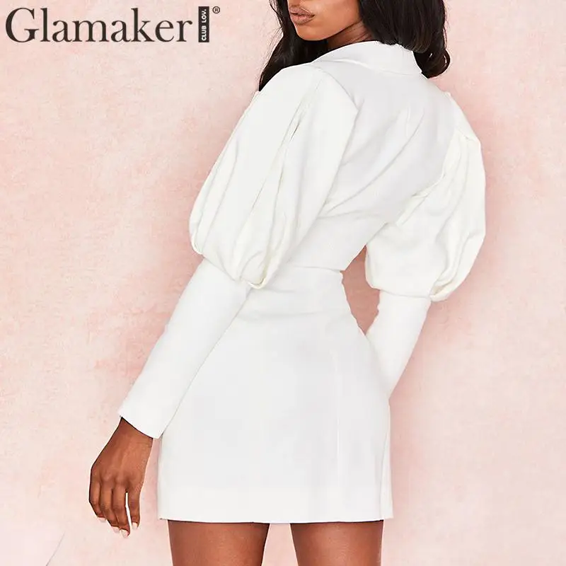 Glamaker Белый Глубокий v обтягивающий пиджак мини платье Женские Длинные Пышные