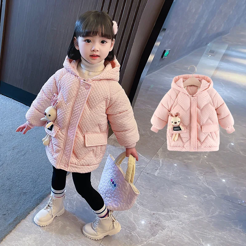 

Winter Fashion Warm Hooded Down Cotton Padded Jackets Girls Cute Rabbit Outerwear Childrens Zipper Cardigan Top Kids Clothing