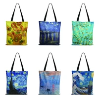 artistic sunflower starry night shopping bag van gogh iris oil painting 3d printed canvas bag thicker storage shoulder bag