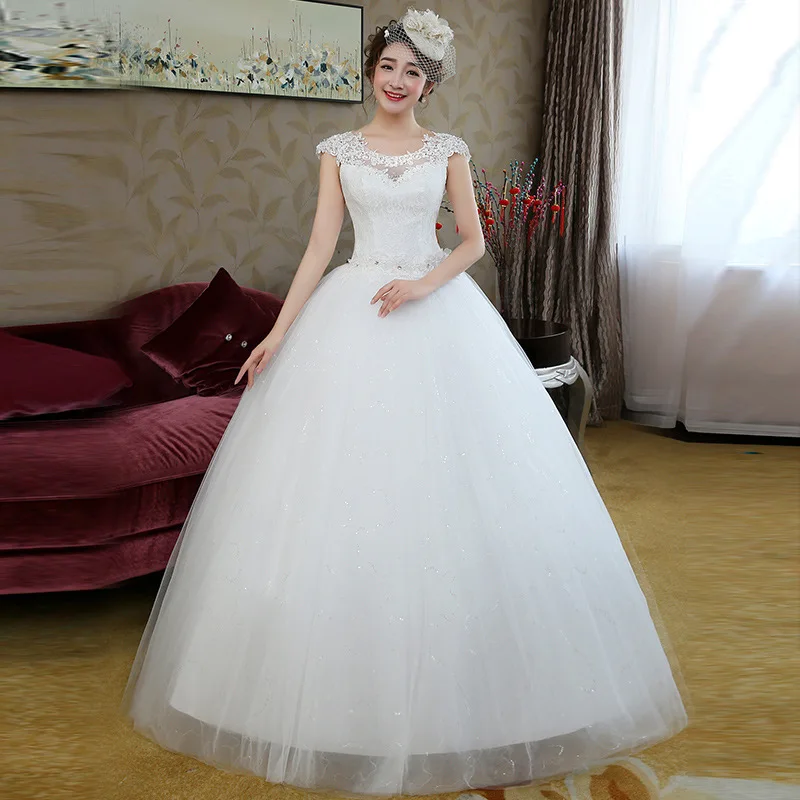 Винтажное свадебное платье с круглым вырезом и коротким рукавом кружевной