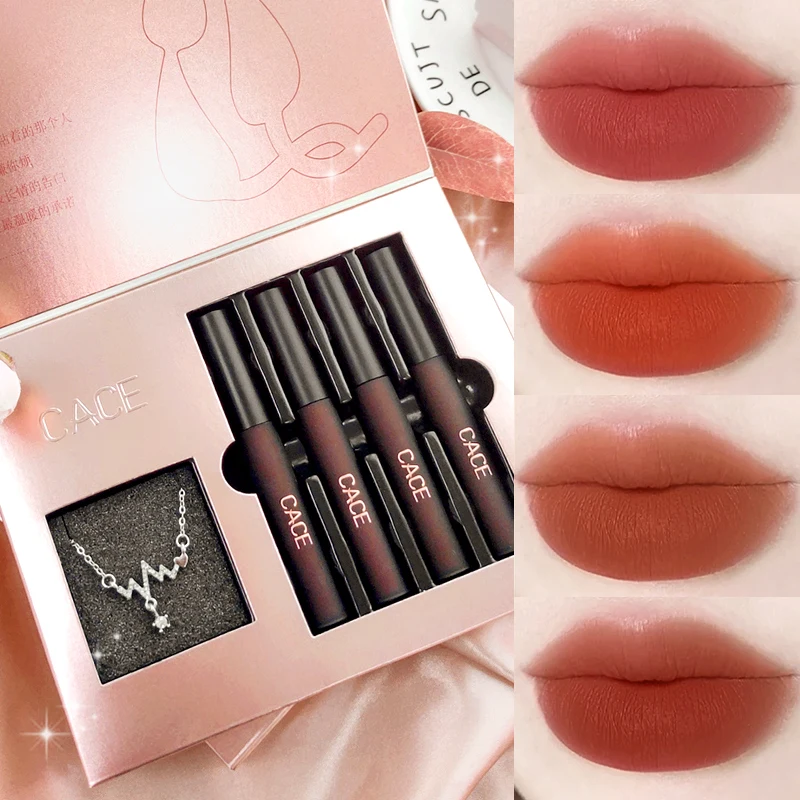 

CACE 4Pcs/Set Lipgloss Makeup Liquid Lipstick Lip Gloss Waterproof Long Lasting Matte Lip Stick Kits Gift Necklace maquiagem