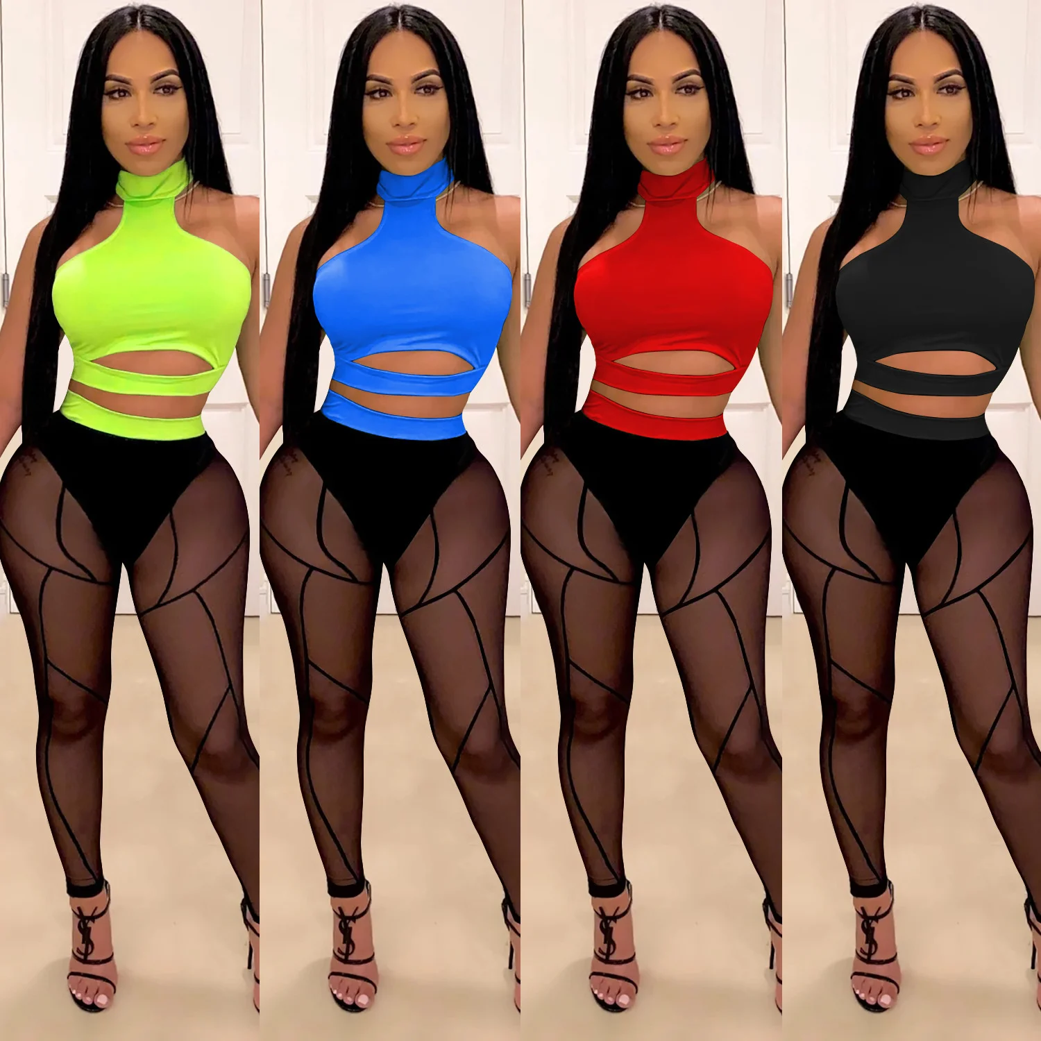 

Zoctuo Fashionable Pants Sets Women 2 Piece Outfits Nightclub Perspective Color Matching hollow out turtleneck Women's Sets
