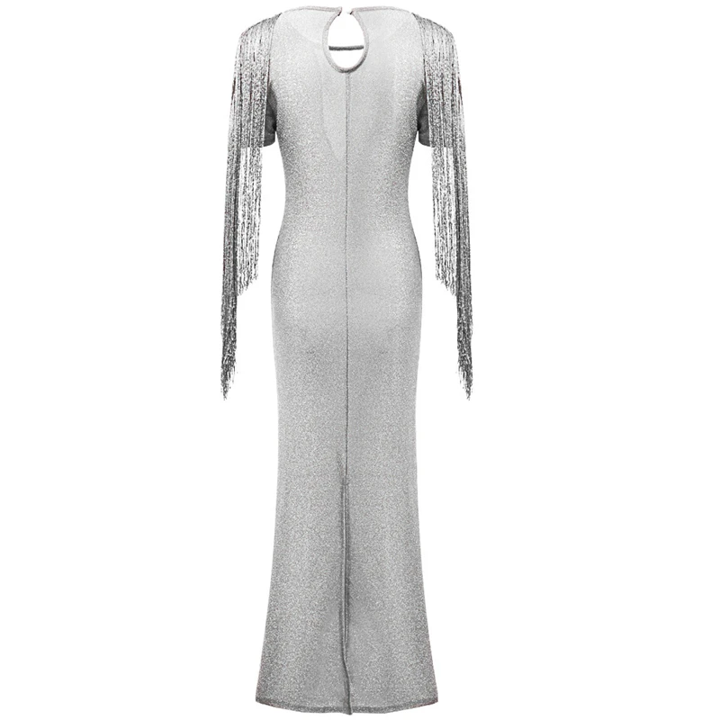 New Style Women Dress Sexy Deep V-neck Glitter Dress Rhinestone Long Tassel Vintage Ladies High Waist Split Sparkly Dresses