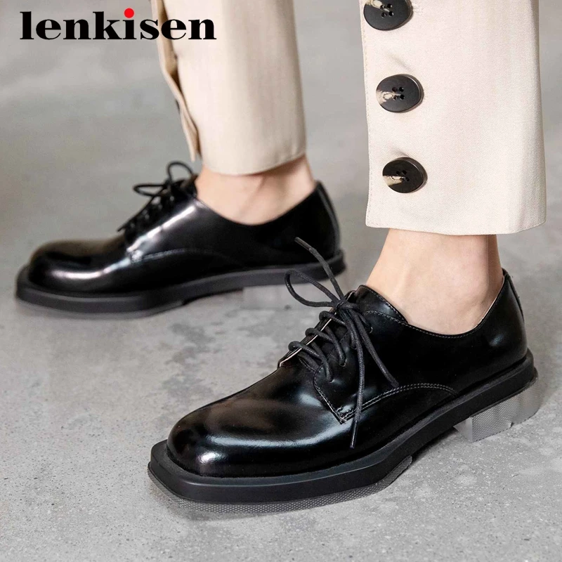

Lenkisen neutral full grain leather high quality square toe low heels lace up office lady dress streetwear noble women pumps L08