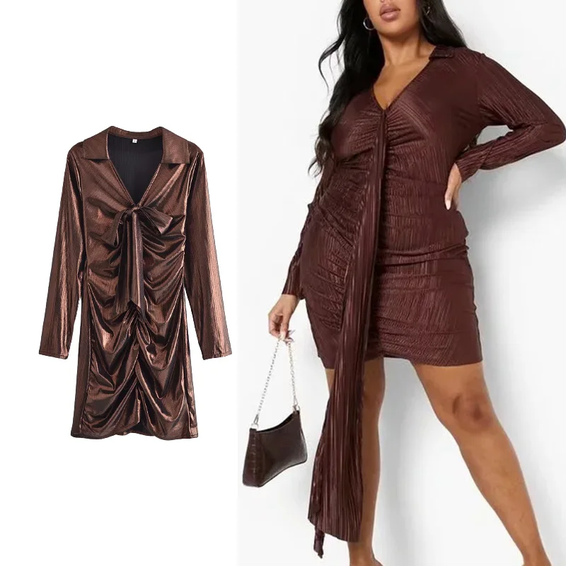 

TRAF Za 2021 Women Dresses Casual New Pleated Body Wrap Mini Dress Woman Vintage Long Sleeve Solid Color Female Party Dresses