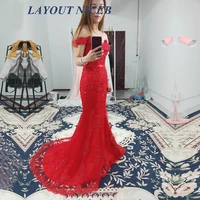 e1204 2019 red mermaid evening dress lace appliques beads off the shoulder open back robe de soiree formal dress