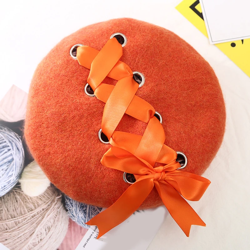 Женский зимний шерстяной берет со шнуровкой и бантиками винтажная теплая