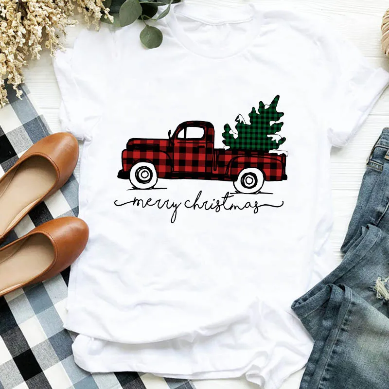 

Women Lady Plaid Snow Tree Vintage 90s Cute Autumn Winter Merry Christmas Clothes Shirt T Tee Tshirt Female Top Graphic T-shirt