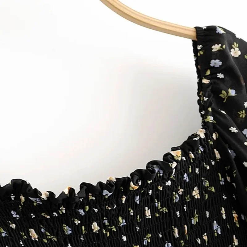 

Chic Square Collar Short Sleeve Print Dresses Women High Waist Slim A-line Split Vestidos 2021 Summer French Elegant Midi Robe