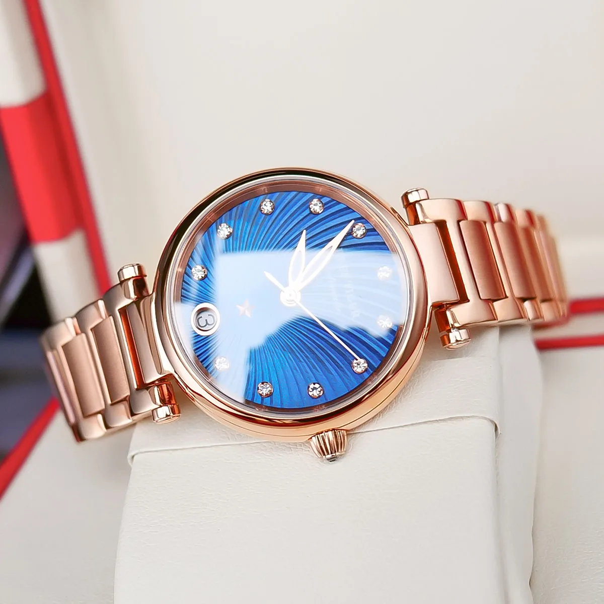 Reef Tiger/RT Luxury Brand Women Wrist Rose Gold Blue Dial Automatic Watches Diamond Ladies Bracelet Clock RGA1590