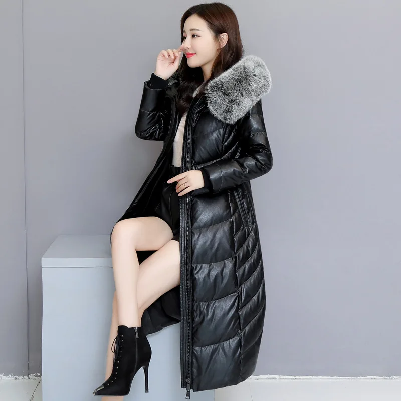 Leather Women's Genuine New Winter 90% White Duck Down Fox Fur Collar Jacket Women Long Coat Plus size 5XL