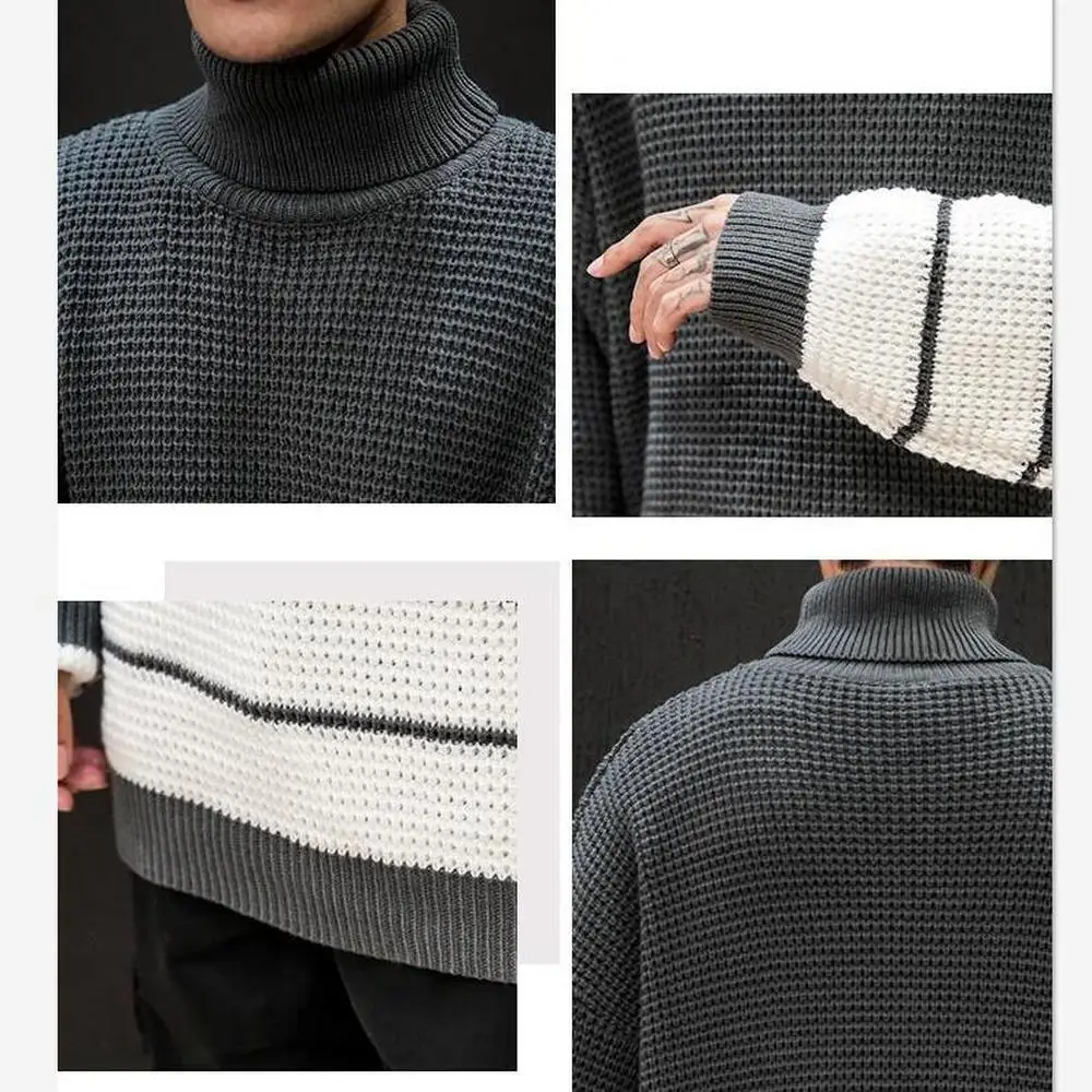 

Sweater Autumn Winter Loose Casual Trend High Collar College Wind Stripe Stitching Knit Sweater Warm Clothes Large Size M-5XL