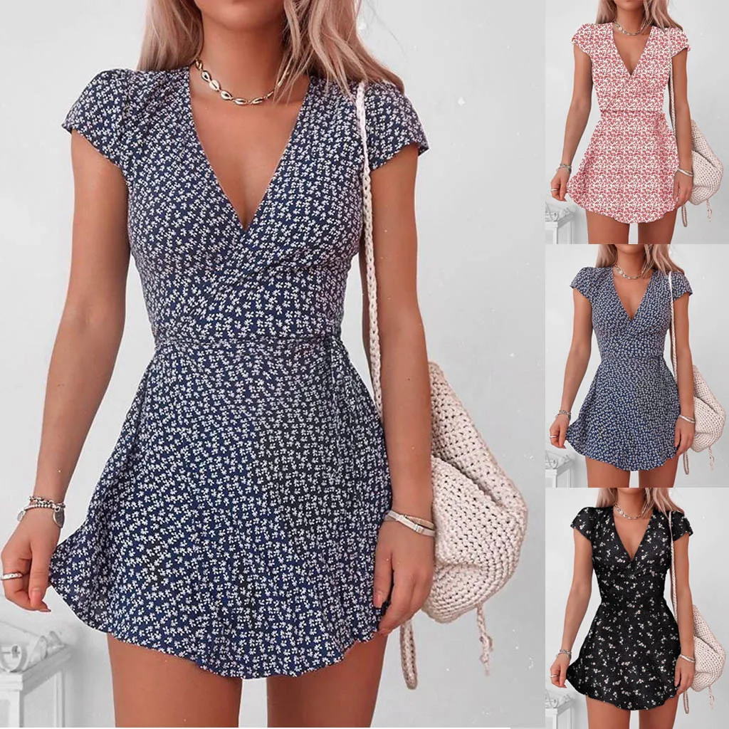 

Floral Print Dress Summer Women's Casual Fashion Sexy V-Neck Short Sleeve Beach Boho Dresses Above Knee Daily Wear Vestido A50