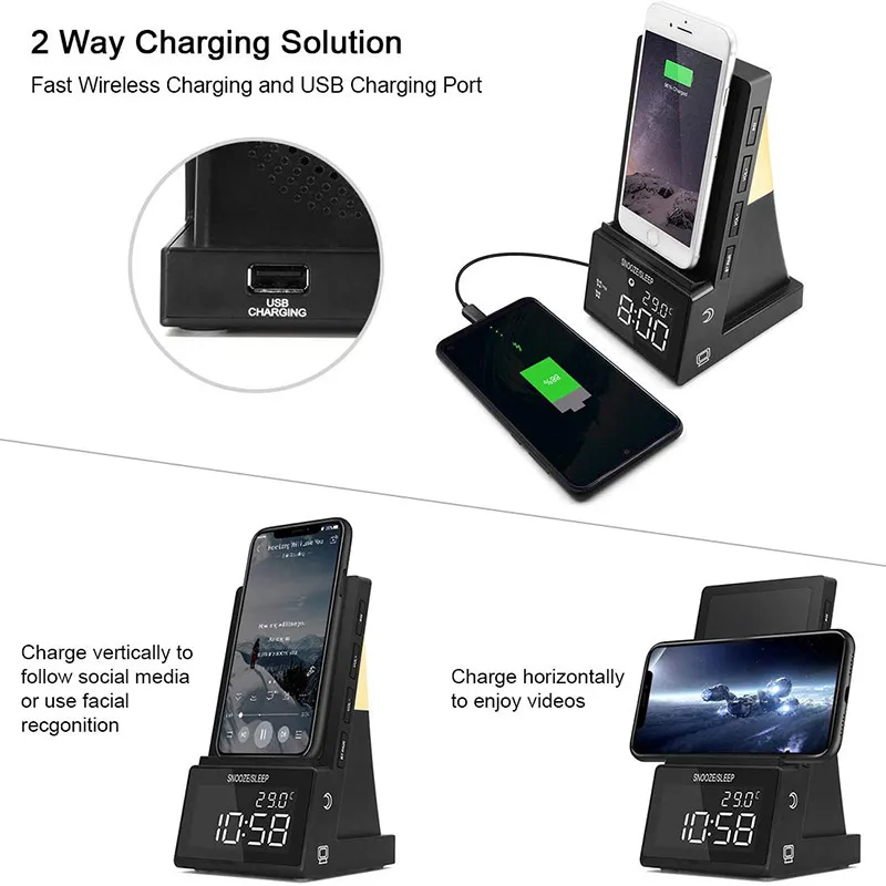 Беспроводная подставка для зарядки с bluetooth динамиком будильник ночник usb порт