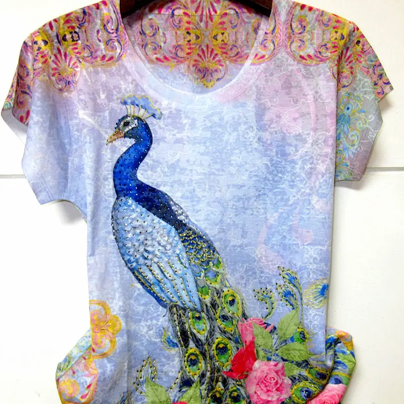 2020 New Summer Women Peacock Printing O-neck Silk T Shirt Tops Ladies Casual Elasticity Rhinestones Embroidery Tee Shirts S197 | Женская