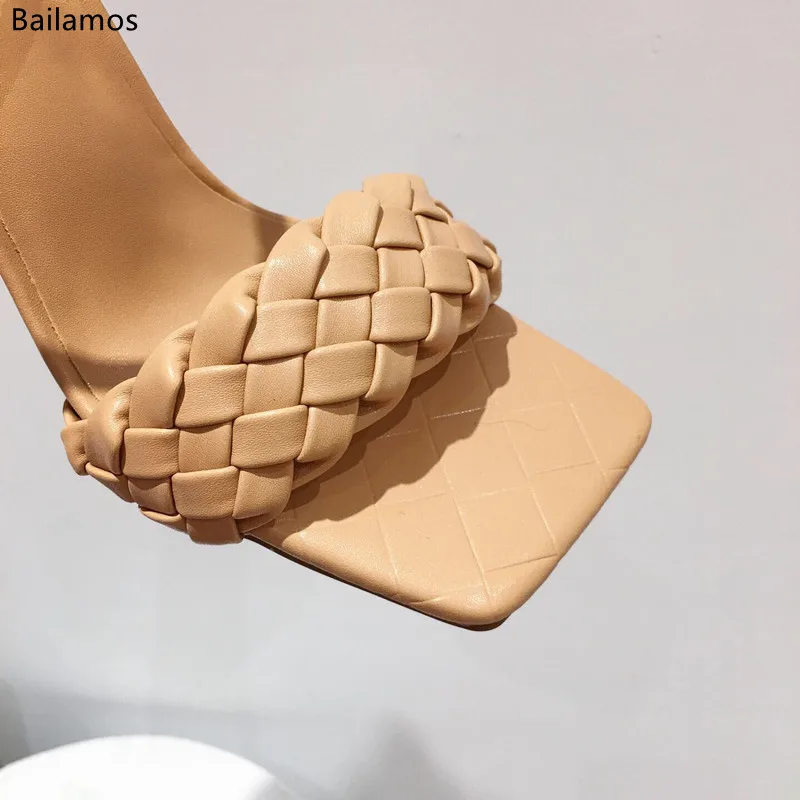 

Bailamos Women'S Square Open Toe Buckle Strap Comfort High Heels Fashion Weave Stiletto Sandals Summer New Ladies Party Dress S