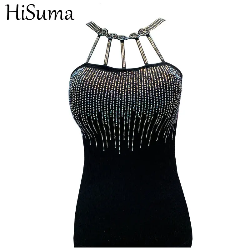 HISUMA летнее платье с лямкой на шее без бретелек для женщин украшенные стразами