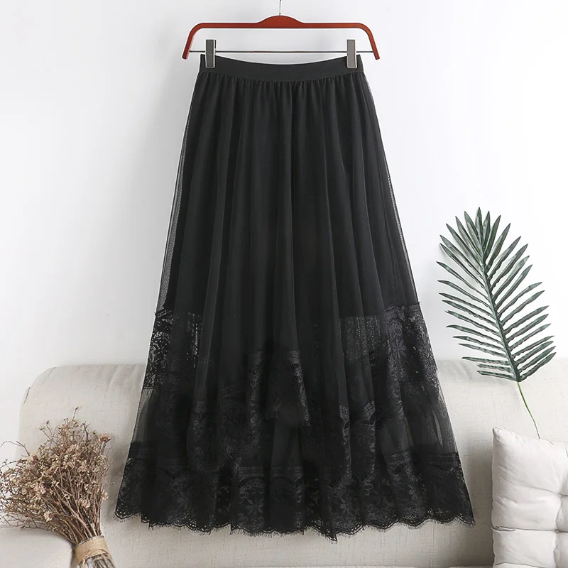 Летние женские 2 слоя миди юбка в сетку с эластичной резинкой на талии кружевом и