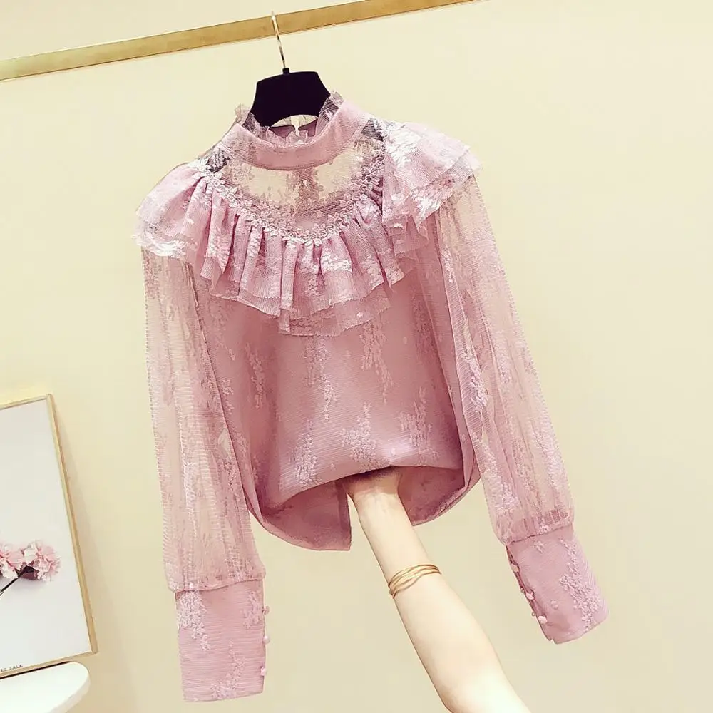 Женская шифоновая блузка с оборками кружевная длинным рукавом и сетчатым