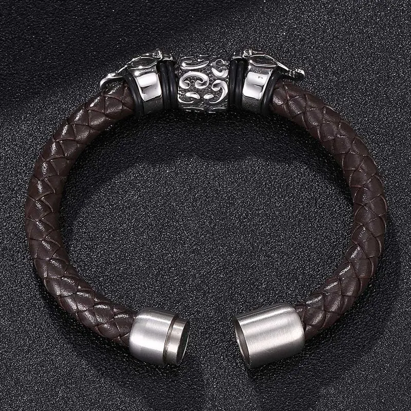 Модный мужской браслет коричневая цепочка из натуральной кожи со слоном