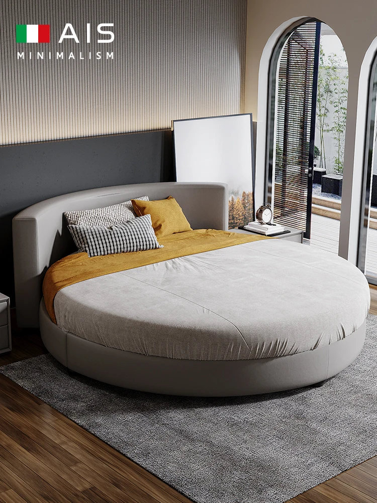 

Modern and simple master bedroom large round bed, double couple Nordic light luxury round minimalist technology fabric bed