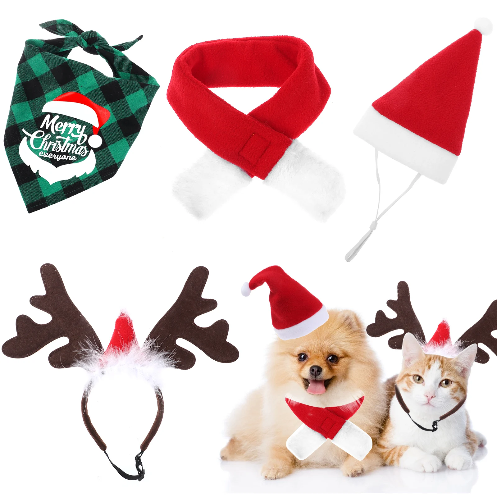 

4 Pieces Adjustable 3D Pet Christmas Hat,Christmas Classic Buffalo Plaid Pets