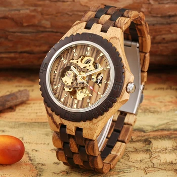 Wooden Automatic Watch for Men - Golden Skeleton Arabic Numerals 4